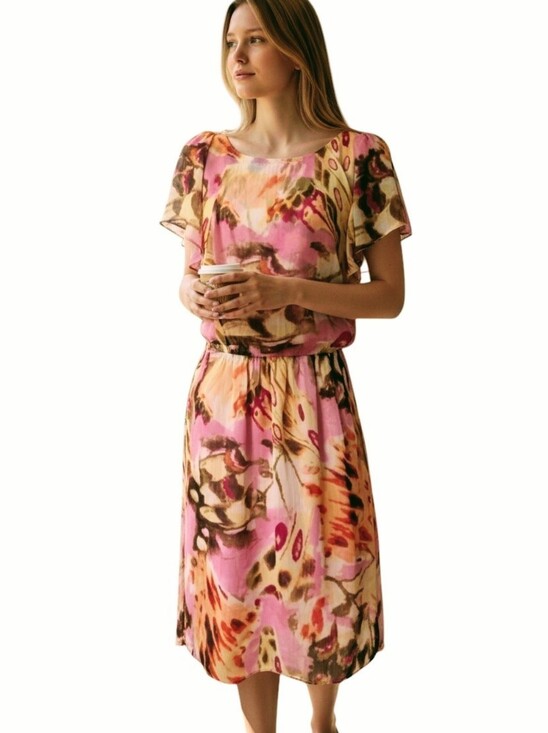 Emma & Michele Dresses & Skirts - Emma & Michele Pink and Brown Floral Mini Dress Chiffon Overlay Sz. 12